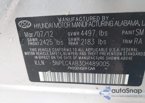 2012 Hyundai Sonata Limited 2.0T из США, поврежденный, VIN 5NPEC4AB3CH489005